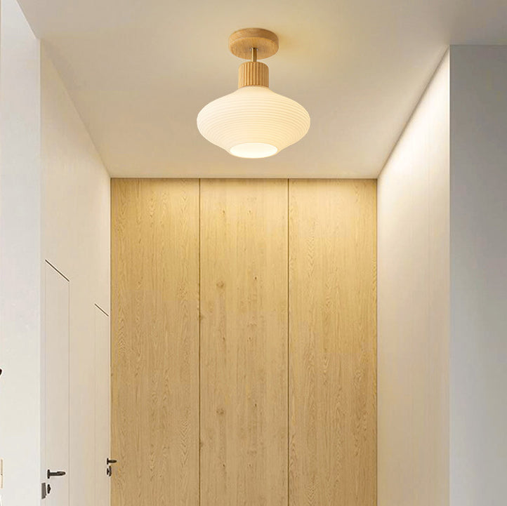 Modern Japandi Ceiling Lamp - Walnut and Wood in a Glass Shade