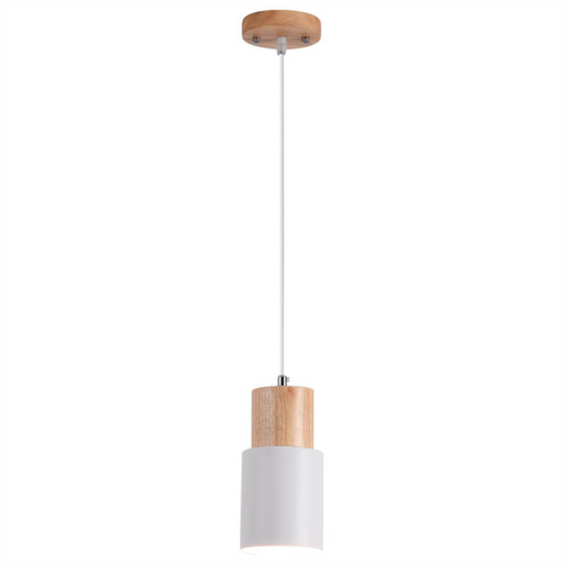 Nowoczesna lampa wisząca z metalu i drewna w kolorowym designie