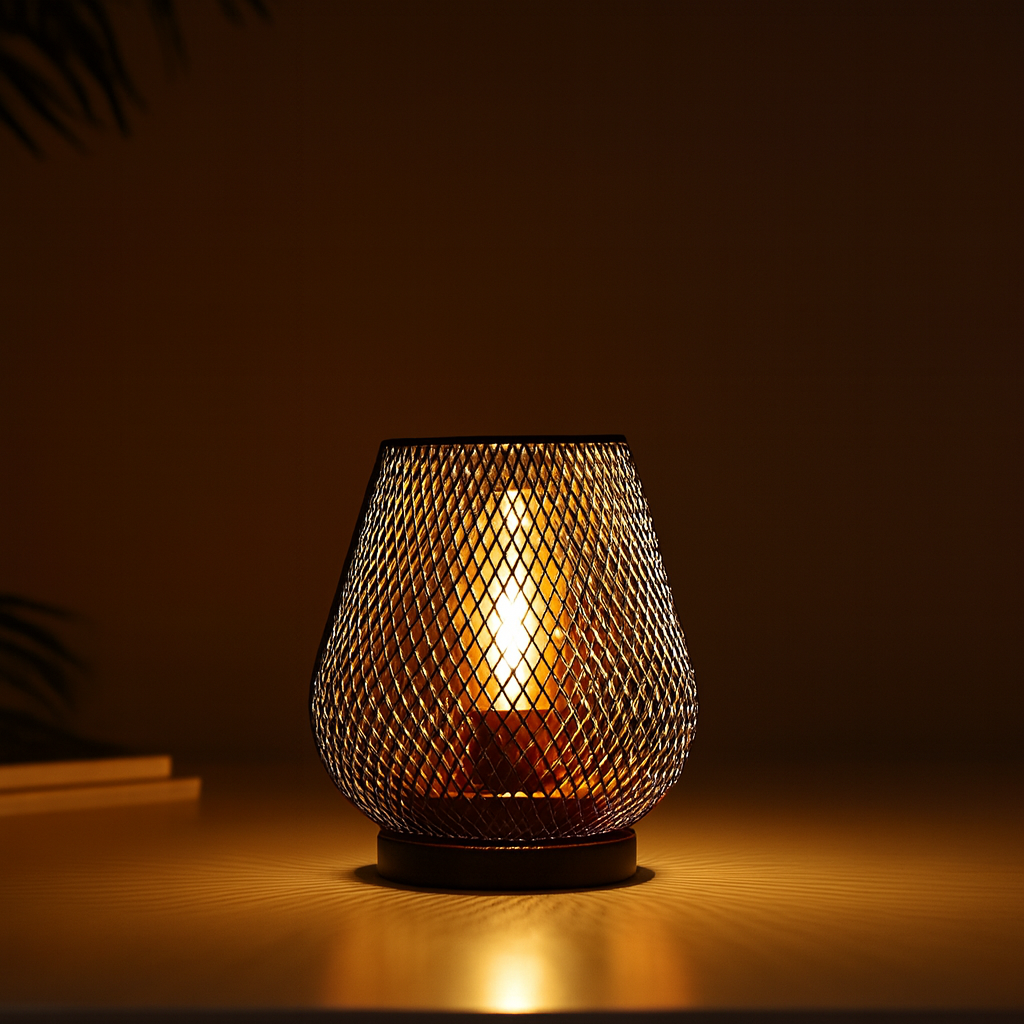 Elegancka metalowa lampa stołowa z unikalnym wzorem i ciepłym światłem LED