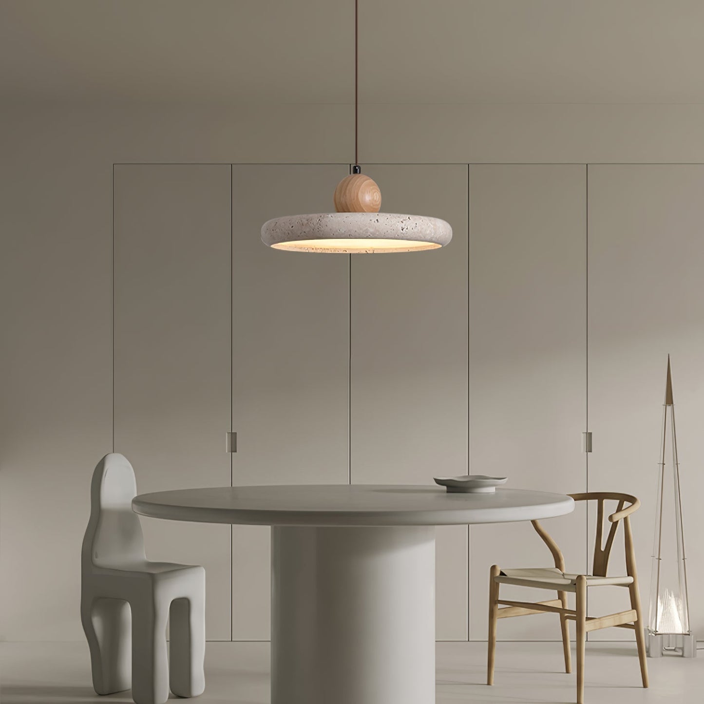 Travertine and Wood Pendant Light with Natural Stone and Warm LED Light