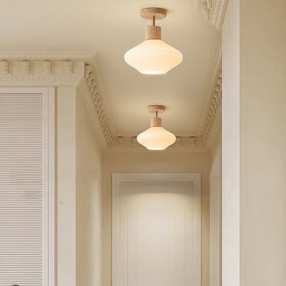 Modern Japandi Ceiling Lamp - Walnut and Wood in a Glass Shade