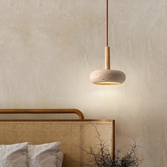 Elegancka japońska lampa wisząca – żółty trawertyn z naturalnym drewnianym akcentem i wbudowanym LED-em
