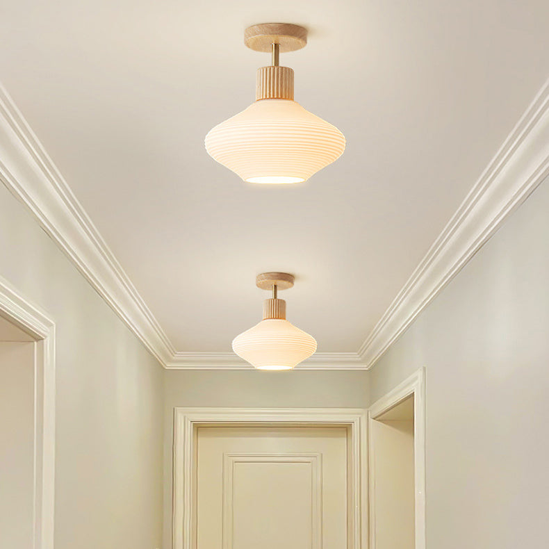 Modern Japandi Ceiling Lamp - Walnut and Wood in a Glass Shade