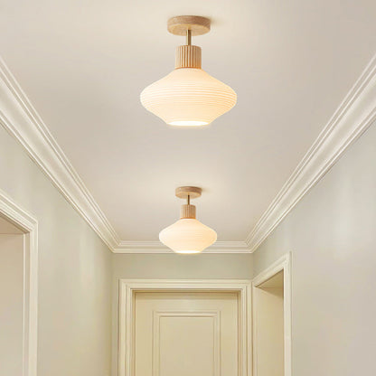Modern Japandi Ceiling Lamp - Walnut and Wood in a Glass Shade
