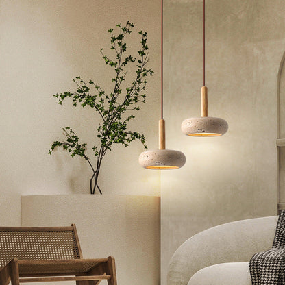 Elegancka japońska lampa wisząca – żółty trawertyn z naturalnym drewnianym akcentem i wbudowanym LED-em