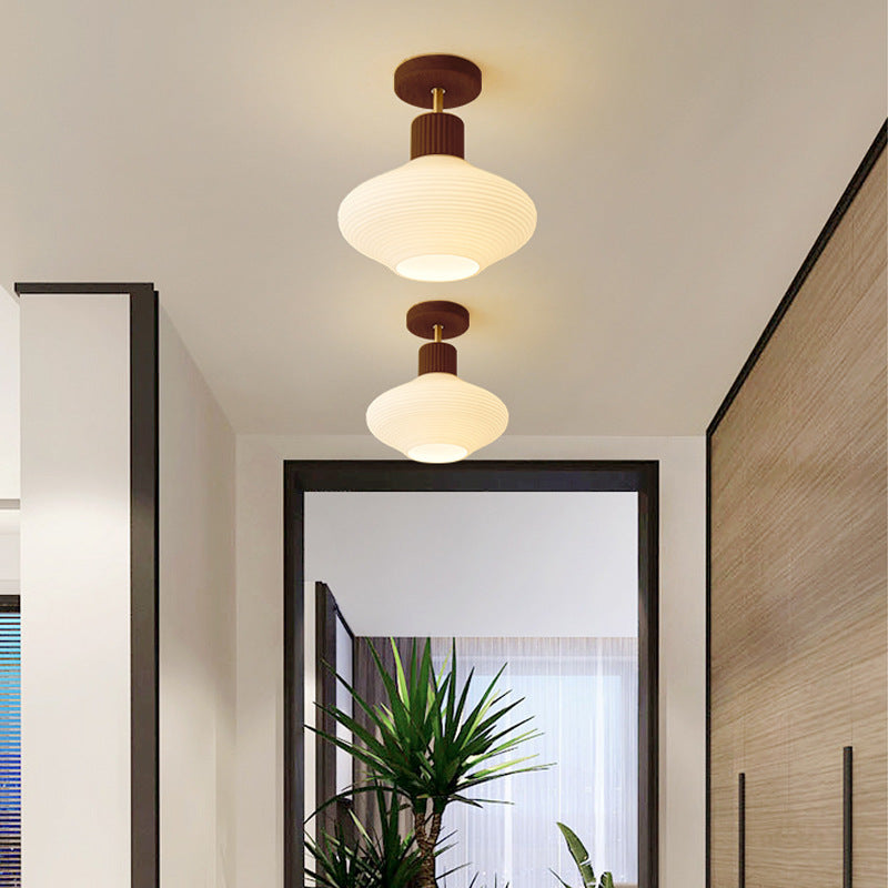 Modern Japandi Ceiling Lamp - Walnut and Wood in a Glass Shade