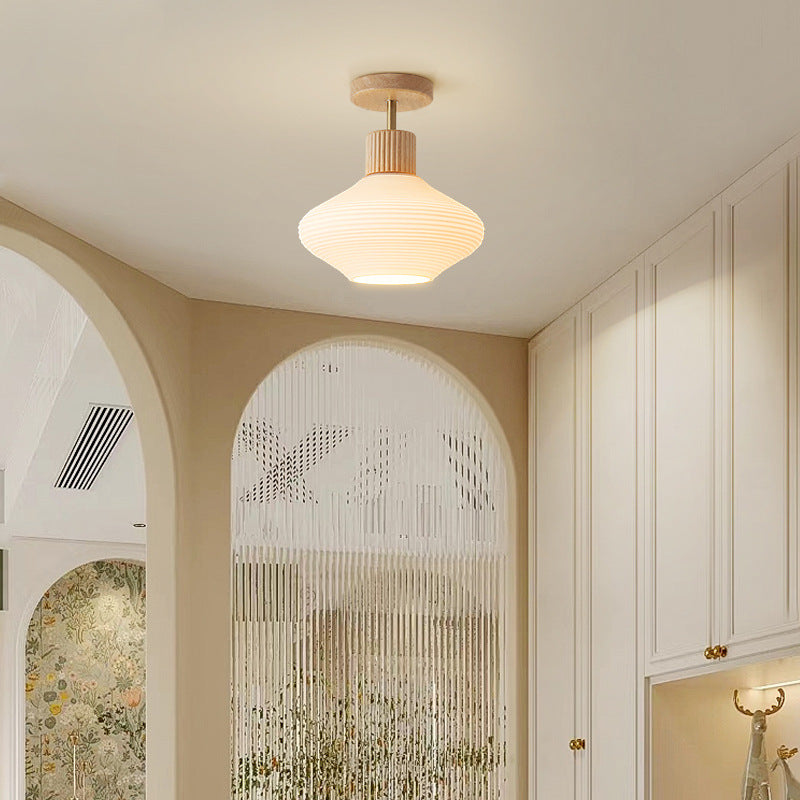 Modern Japandi Ceiling Lamp - Walnut and Wood in a Glass Shade