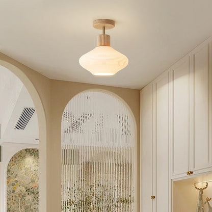 Modern Japandi Ceiling Lamp - Walnut and Wood in a Glass Shade