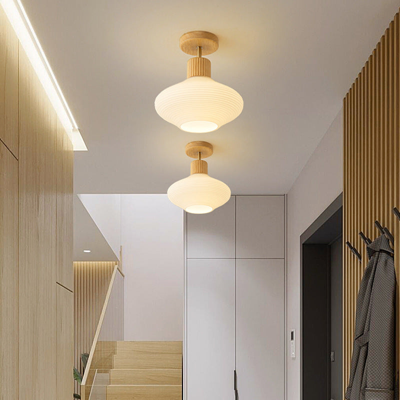 Modern Japandi Ceiling Lamp - Walnut and Wood in a Glass Shade