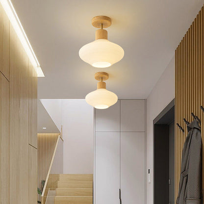 Modern Japandi Ceiling Lamp - Walnut and Wood in a Glass Shade