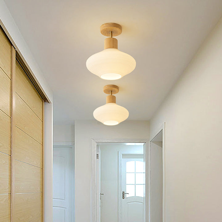 Modern Japandi Ceiling Lamp - Walnut and Wood in a Glass Shade