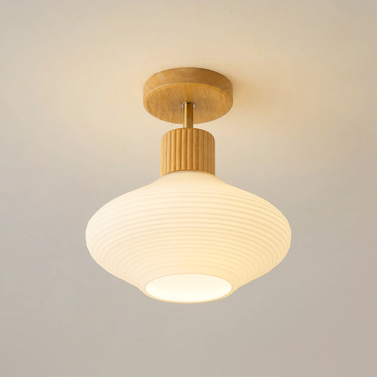 Modern Japandi Ceiling Lamp - Walnut and Wood in a Glass Shade