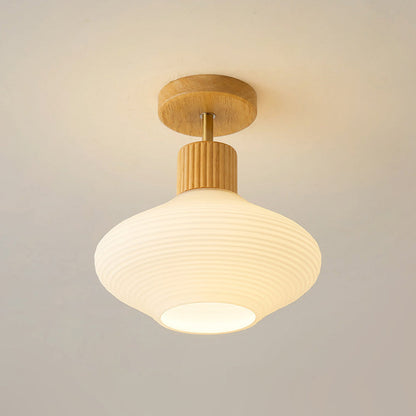 Modern Japandi Ceiling Lamp - Walnut and Wood in a Glass Shade
