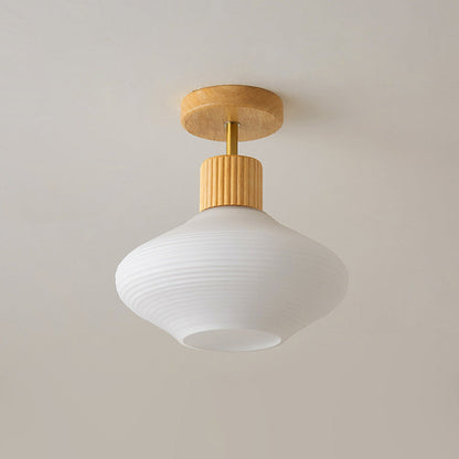 Modern Japandi Ceiling Lamp - Walnut and Wood in a Glass Shade