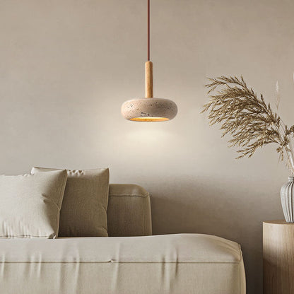 Elegancka japońska lampa wisząca – żółty trawertyn z naturalnym drewnianym akcentem i wbudowanym LED-em