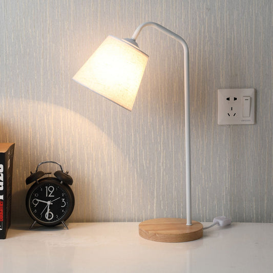 Modern linen, metal and wooden table lamp - built-in LED with USB/plug