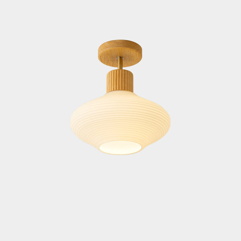 Modern Japandi Ceiling Lamp - Walnut and Wood in a Glass Shade