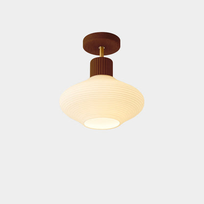 Modern Japandi Ceiling Lamp - Walnut and Wood in a Glass Shade