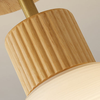 Modern Japandi Ceiling Lamp - Walnut and Wood in a Glass Shade