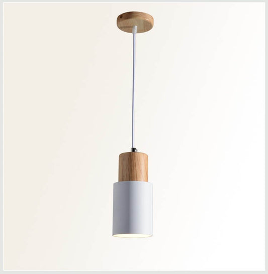 Modern hanging lamp made of metal and wood in a colourful design