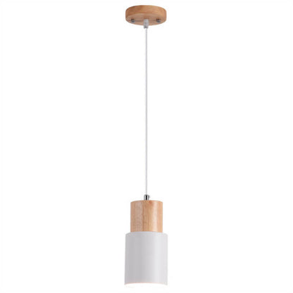 Nowoczesna lampa wisząca z metalu i drewna w kolorowym designie