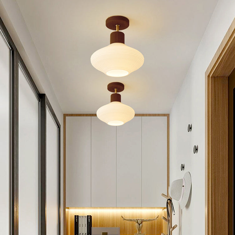 Modern Japandi Ceiling Lamp - Walnut and Wood in a Glass Shade