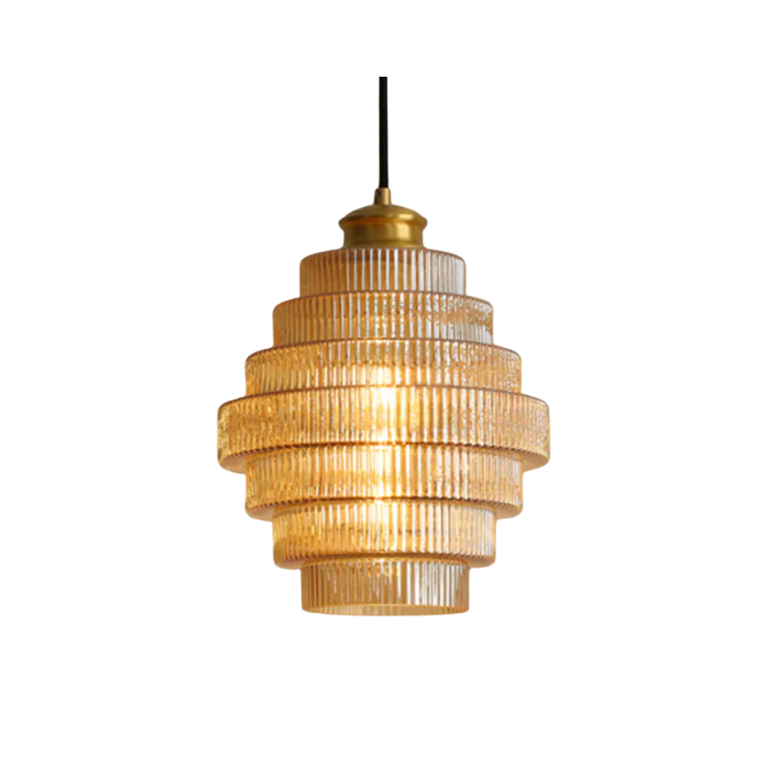 Falująca szklana lampa wisząca z żebrowanym kloszem i mosiężnymi detalami
