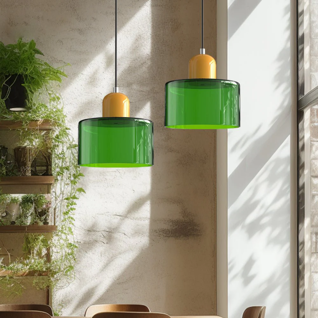 Stylish Retro Pendant Lamp with Orange Glass Shade and Green Top