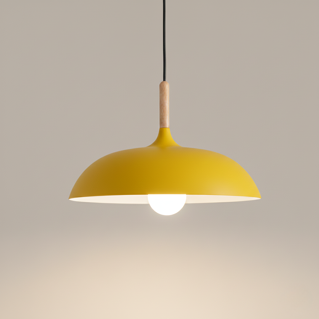 Kolorowa metalowa lampa wisząca z drewnianym akcentem – dwa rozmiary