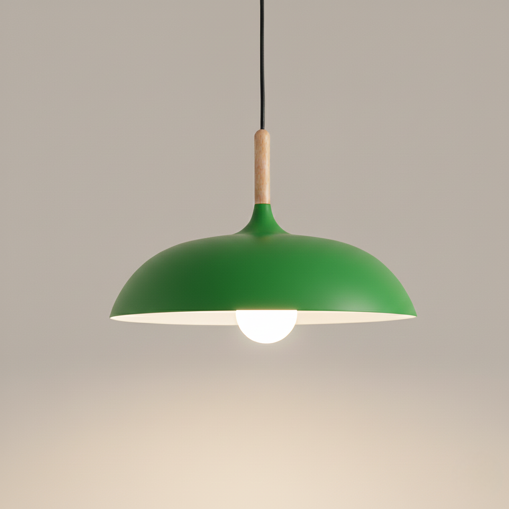 Kolorowa metalowa lampa wisząca z drewnianym akcentem – dwa rozmiary