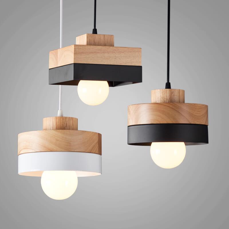 Nowoczesna Lampa Wisząca Metalowo-Drewniana – Czarna lub Biała z Regulowanym Przewodem