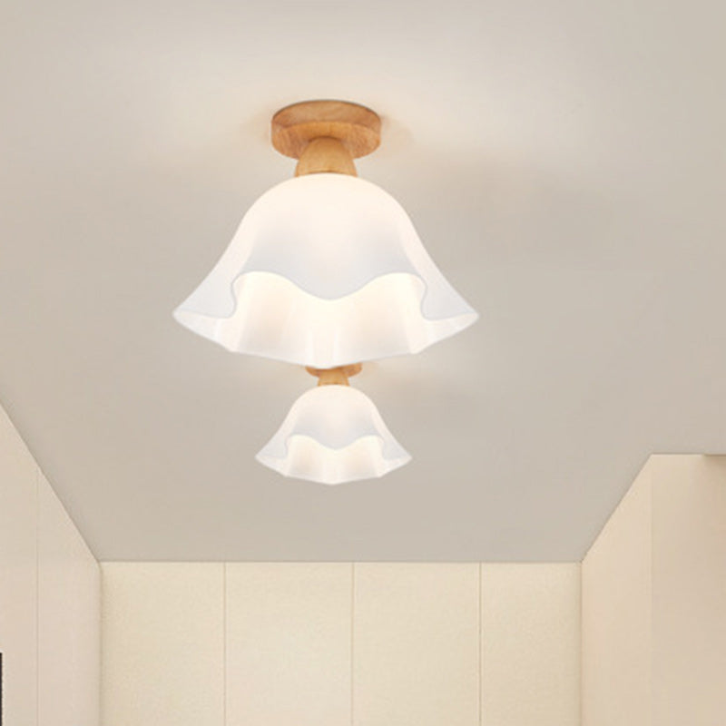 Minimalistyczna skandynawska lampa sufitowa – Drewno i szkło – Biała – (1 źródło światła)