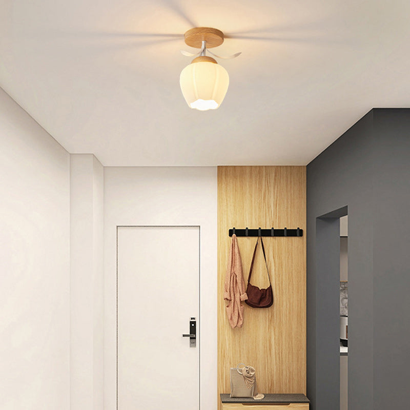 Minimalistyczna skandynawska lampa sufitowa – Drewno i szkło – Biała – (1 źródło światła)