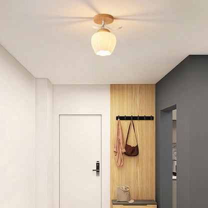 Minimalistyczna skandynawska lampa sufitowa – Drewno i szkło – Biała – (1 źródło światła)