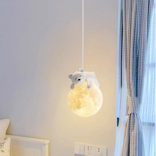 Biała lampa wisząca w minimalistycznym stylu z motywem kreskówkowym i oprawką G9