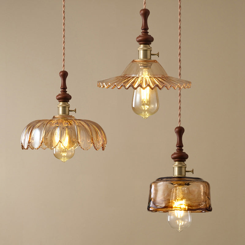 French pendant lamp with wooden detail - glass and metal - 1-light, 4 styles