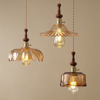 French pendant lamp with wooden detail - glass and metal - 1-light, 4 styles
