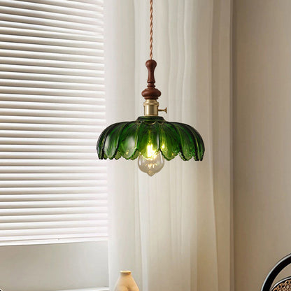 French pendant lamp with wooden detail - glass and metal - 1-light, 4 styles