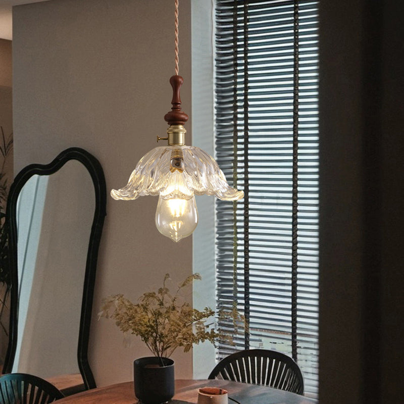 French pendant lamp with wooden detail - glass and metal - 1-light, 4 styles
