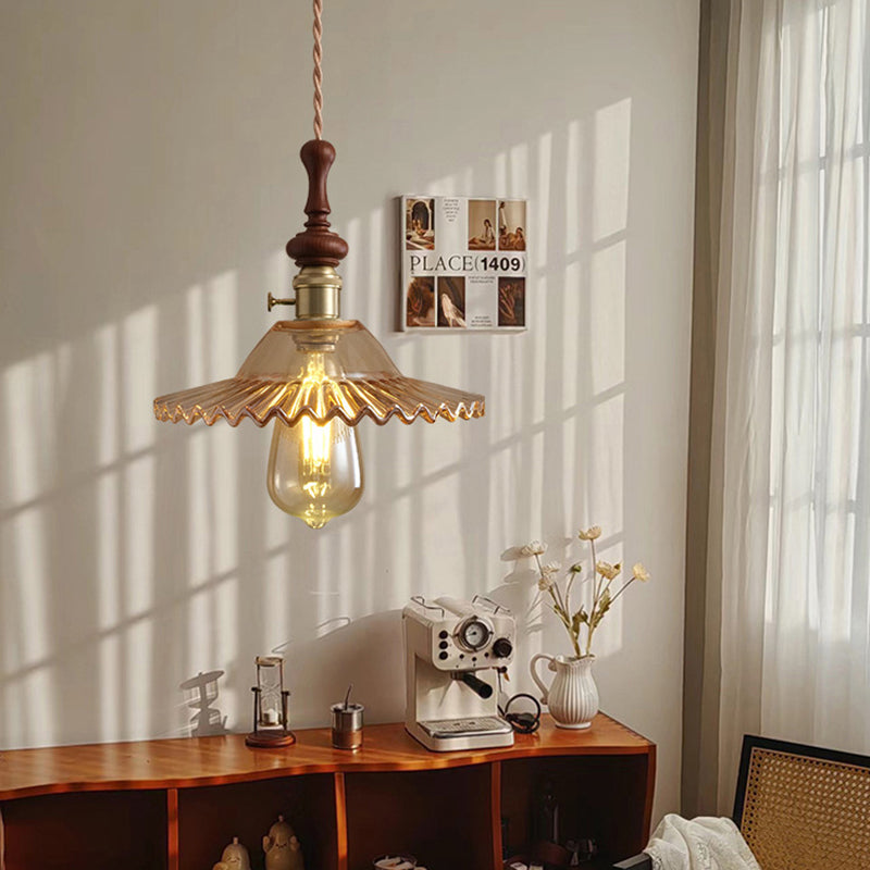 French pendant lamp with wooden detail - glass and metal - 1-light, 4 styles