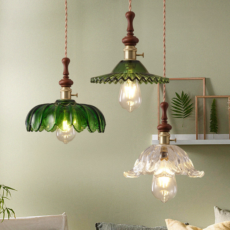 French pendant lamp with wooden detail - glass and metal - 1-light, 4 styles