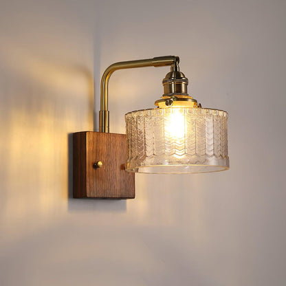 Stylowa Zielona Lampa Ścienna z Drewnianą Podstawą i Szklanym Abażurem