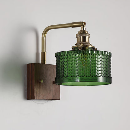 Stylowa Zielona Lampa Ścienna z Drewnianą Podstawą i Szklanym Abażurem