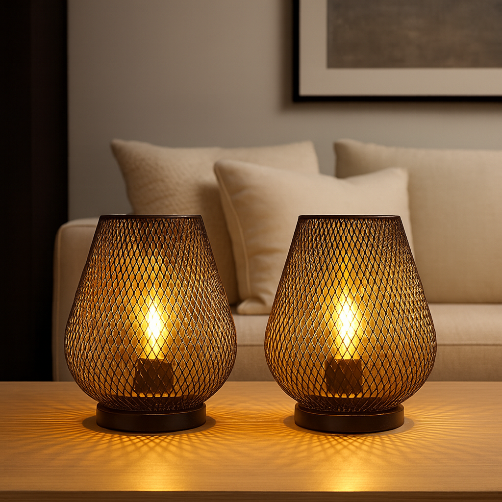 Elegancka metalowa lampa stołowa z unikalnym wzorem i ciepłym światłem LED