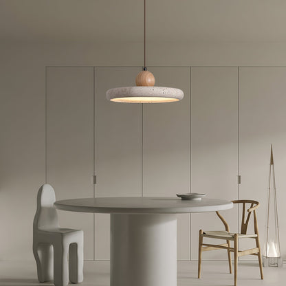 Travertine and Wood Pendant Light with Natural Stone and Warm LED Light