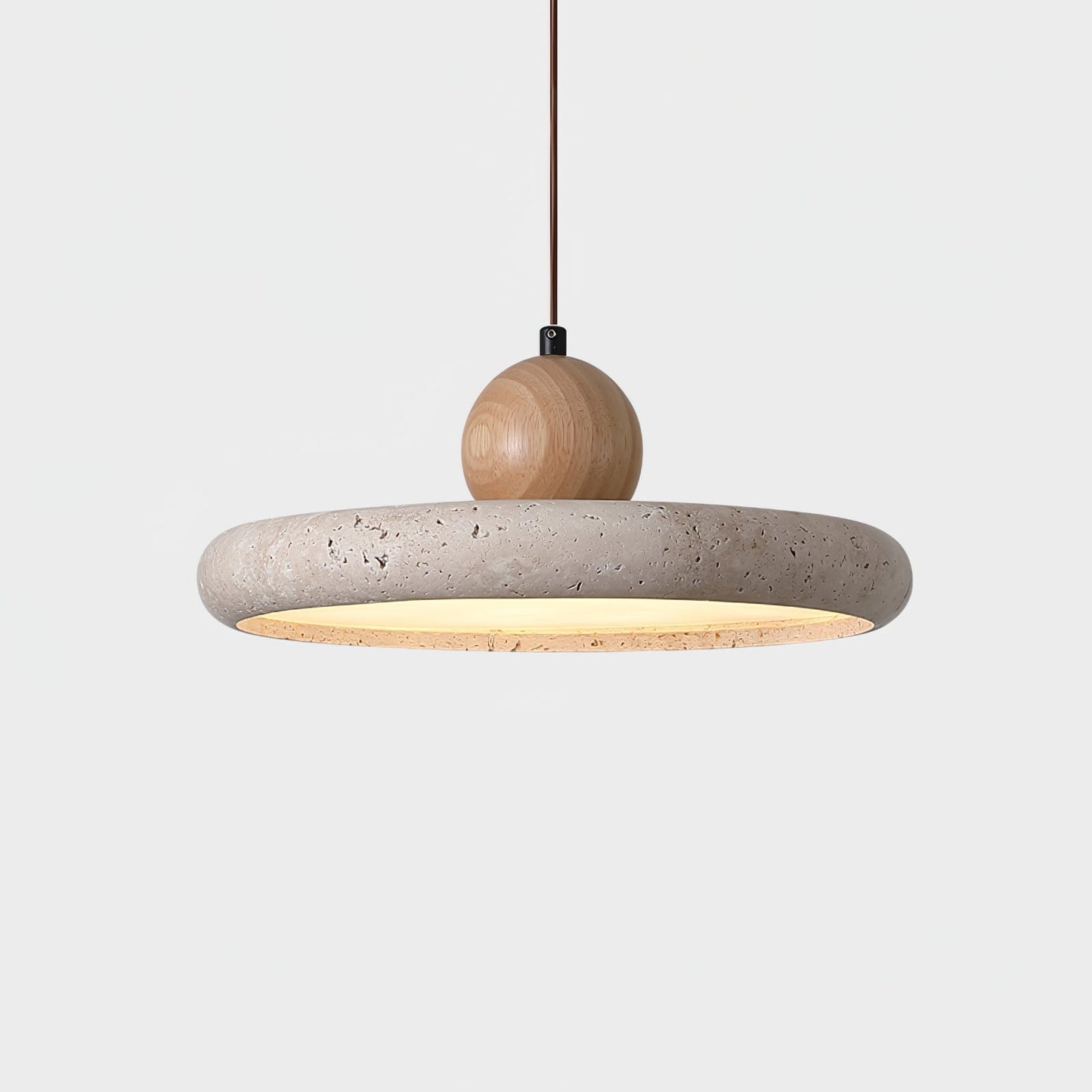 Travertine and Wood Pendant Light with Natural Stone and Warm LED Light