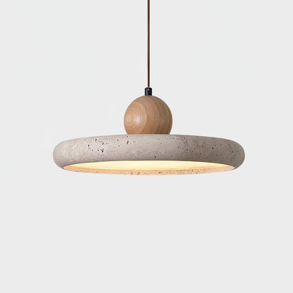 Travertine and Wood Pendant Light with Natural Stone and Warm LED Light