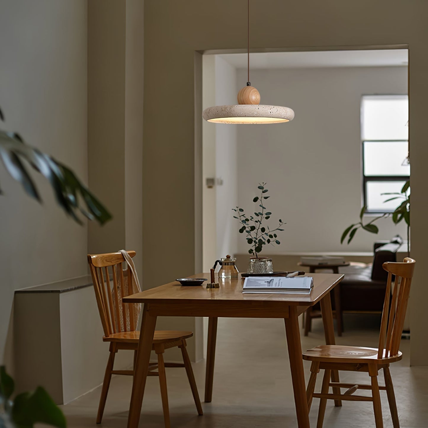 Travertine and Wood Pendant Light with Natural Stone and Warm LED Light
