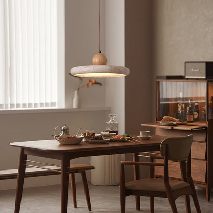 Travertine and Wood Pendant Light with Natural Stone and Warm LED Light