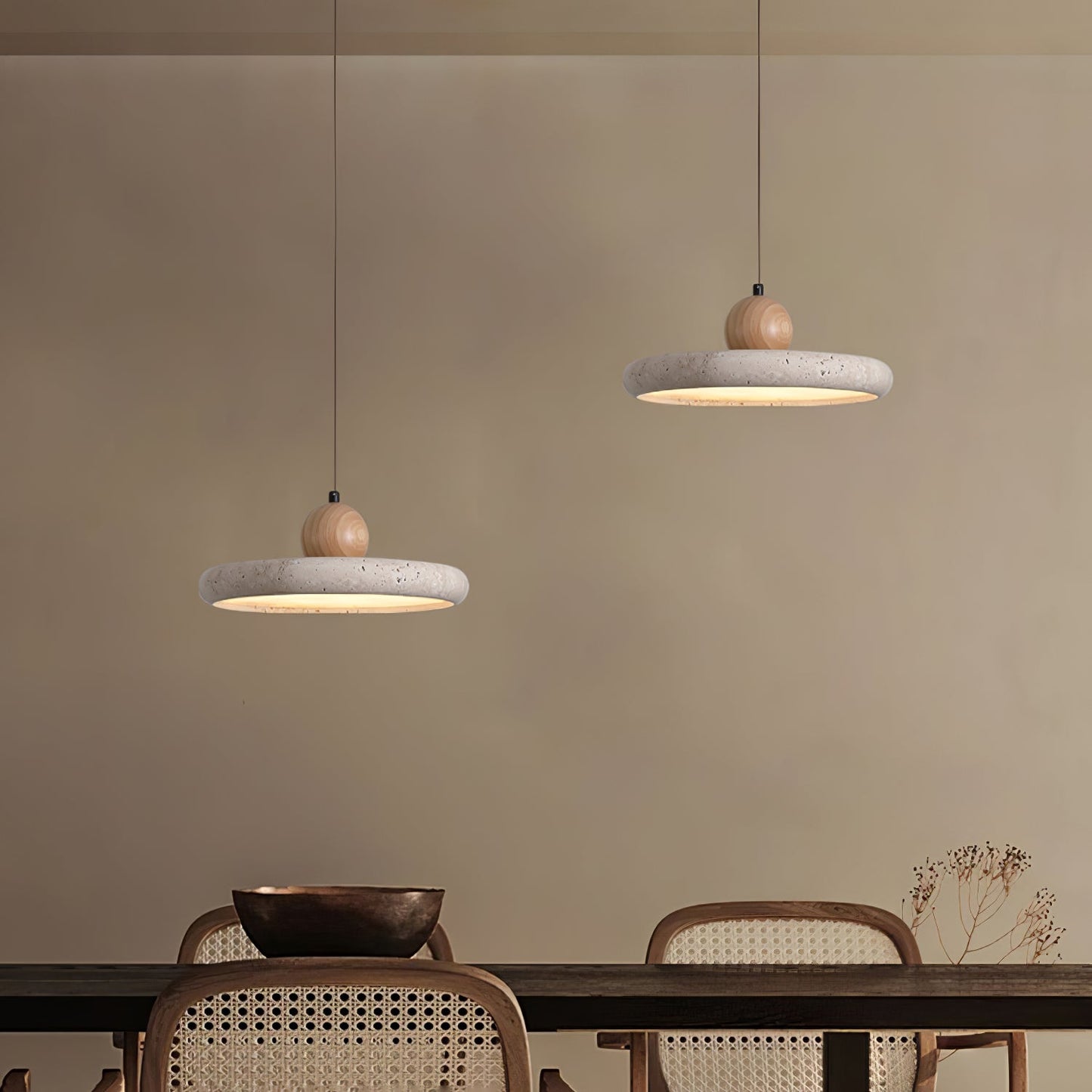 Travertine and Wood Pendant Light with Natural Stone and Warm LED Light